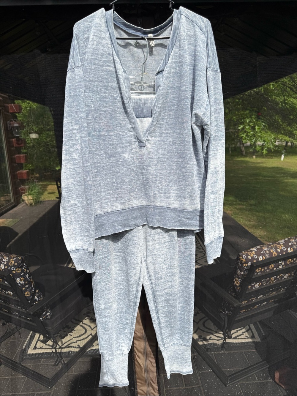 Free People Heathered Light Blue V‑Neck Lounge Set
